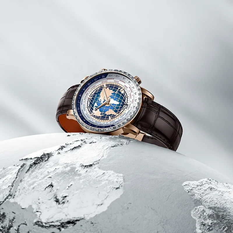 AGELOCER Original World Time Watch Men Gold Watch Business Formal Automatic Mechanical Watch Diamond Watch Birthday Gift for Men