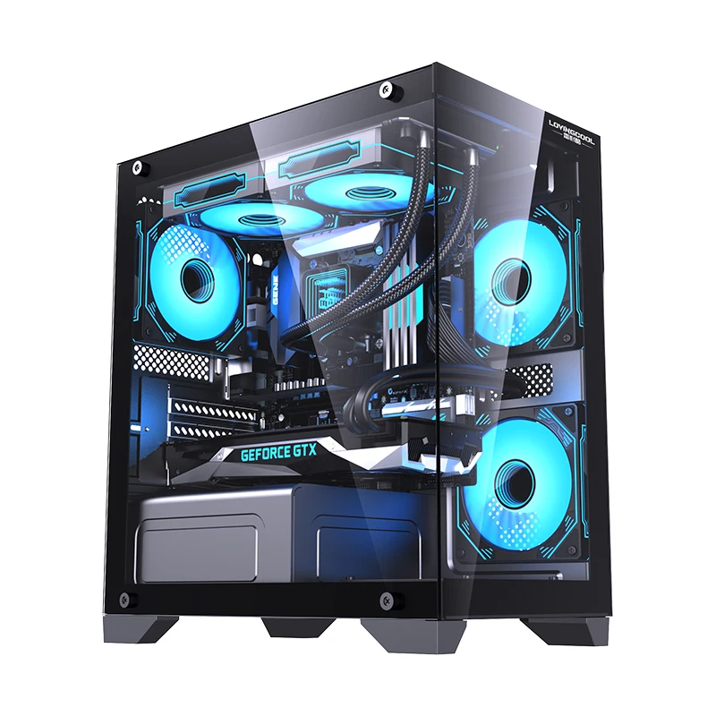 Lovingcool Gaming Pcs Mid Tower Computer Case M-ATX / Mini-ITX PC Cabinet Customized Tempered Glass Black PC Case with RGB Fan
