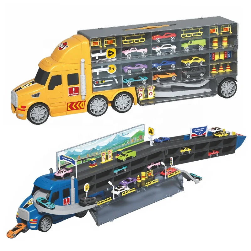 Samtoy Slide Foldable Ejection Track Transport Diecast Model Construction Toy Cars Set Container Truck Toy With 10 Alloy Cars