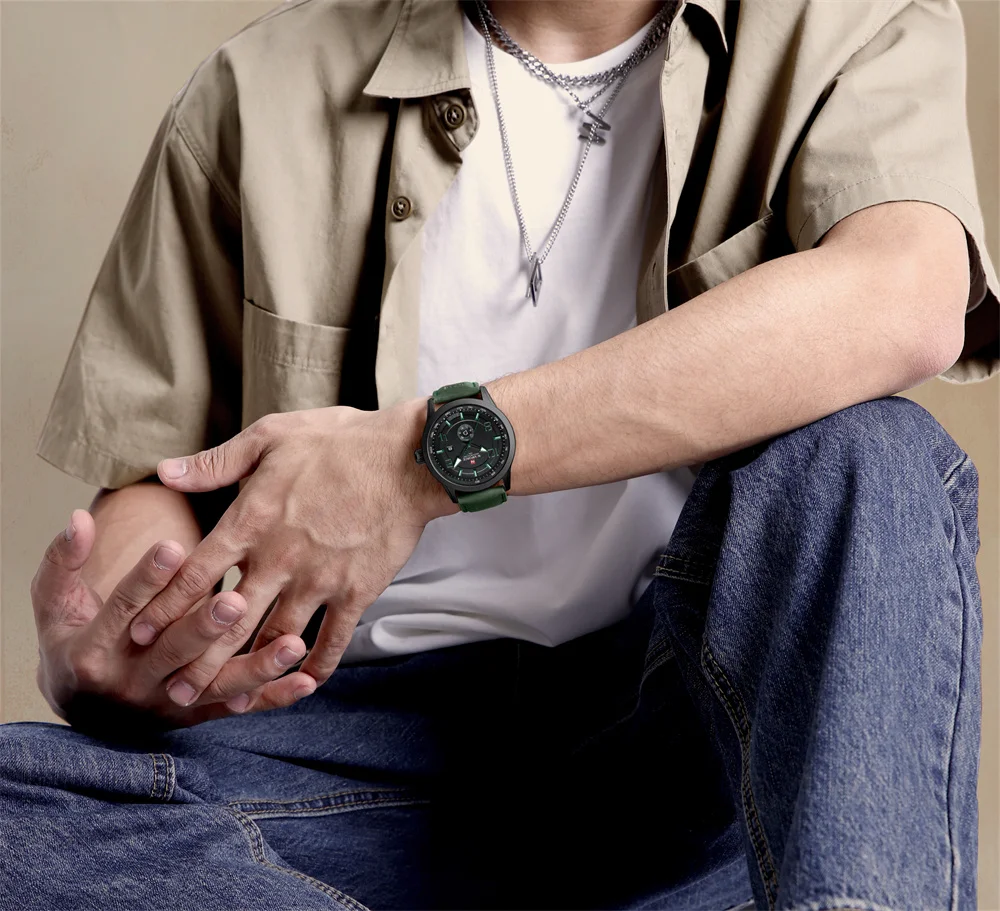 NAVIFORCE 9229 Green Leather Strap Quartz Watches for Men