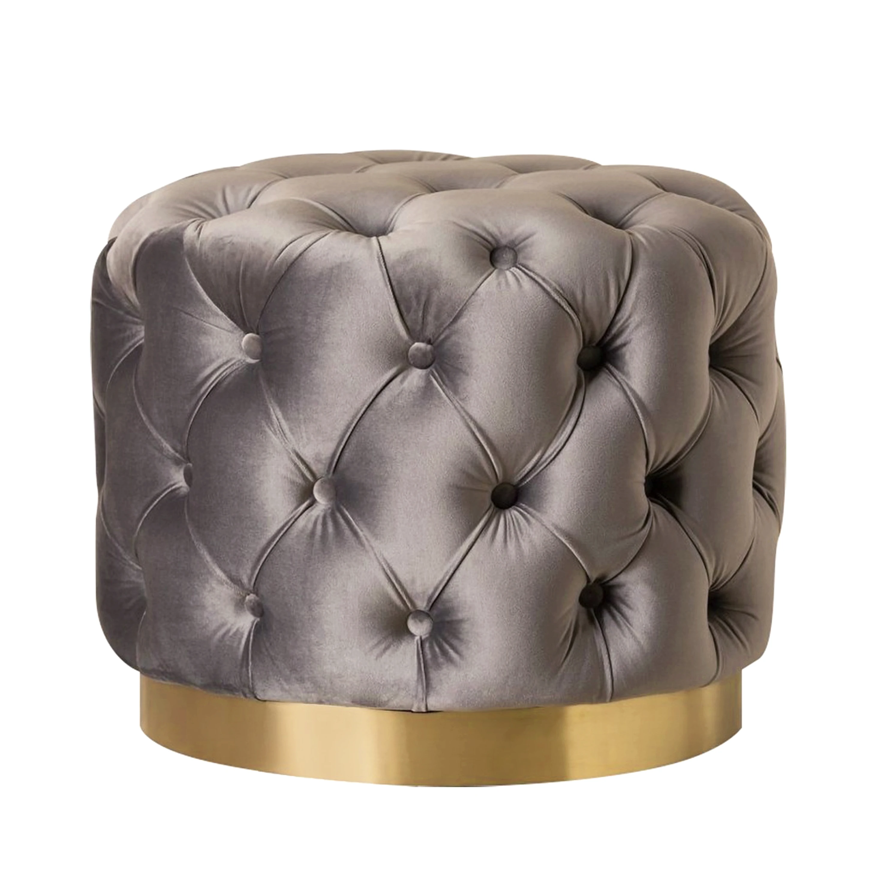 Modern Round Upholstered Velvet Fabric Tufted Gold Metal Finish Ottoman With Tufted Button