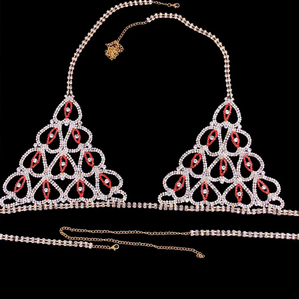 
Dvacaman 2021 Two Pieces Set Sexy Rhinestone Heart Hollowed Out Nipple Body Chains Lingerie Jewelry Valentines Day Lingerie 