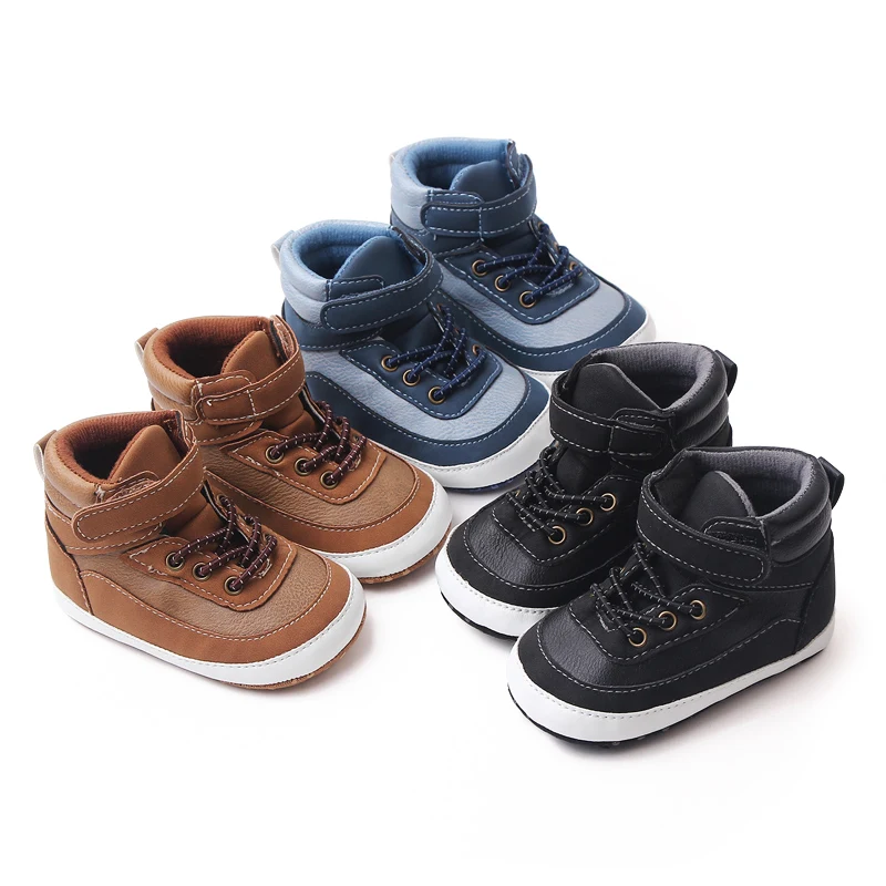 High Top Dark PU Surface Warm Boy Baby Autumn and Winter Thermal  Walking Shoes