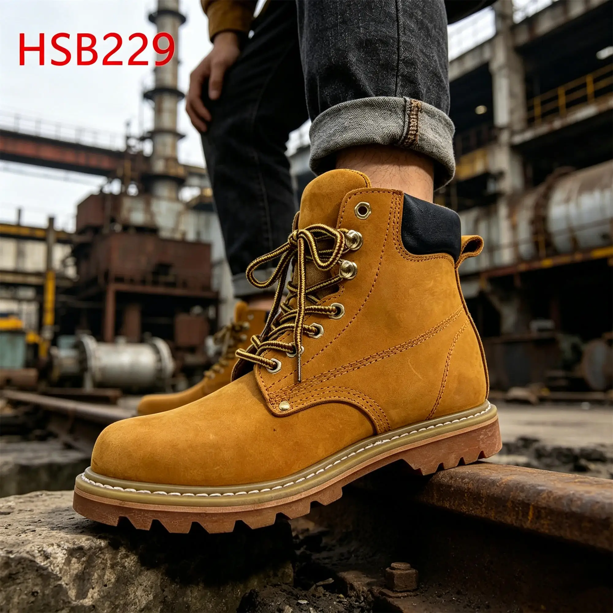 ZYF, ən yaxşı nubuk dəridən hazırlanmış bal rəngli təhlükəsizlik botları, polad burunlu, nəmli şərait üçün, üçqat Goodyear rezin tabanlı iş botları HSB229