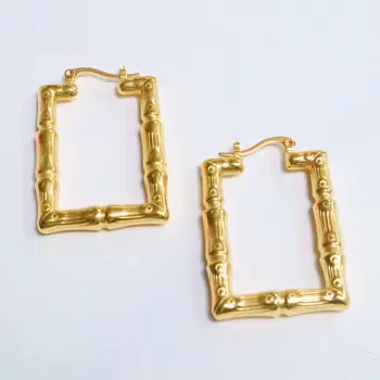 Gold Plated Stainless Steel Geometric Square Bamboo Hoop Earrings Big Chunky Square Bamboo Clip on Earrings