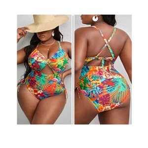 2026 Summer 0ne-Piece Plus Size Women's Bikinis Set Geometric Cactus Printed Ruffle Big Swimsuit Brief Large Female Friendly