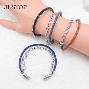 Wholesale New Men's Creative Stainless Steel Double Layer Woven Leather Adjustable Bracelets Fashion Bangle