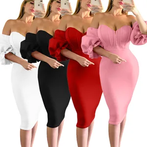 New Design High Waisted off Shoulder Bodycon Ruffles Dresses Women Lady Elegant Party Dress
