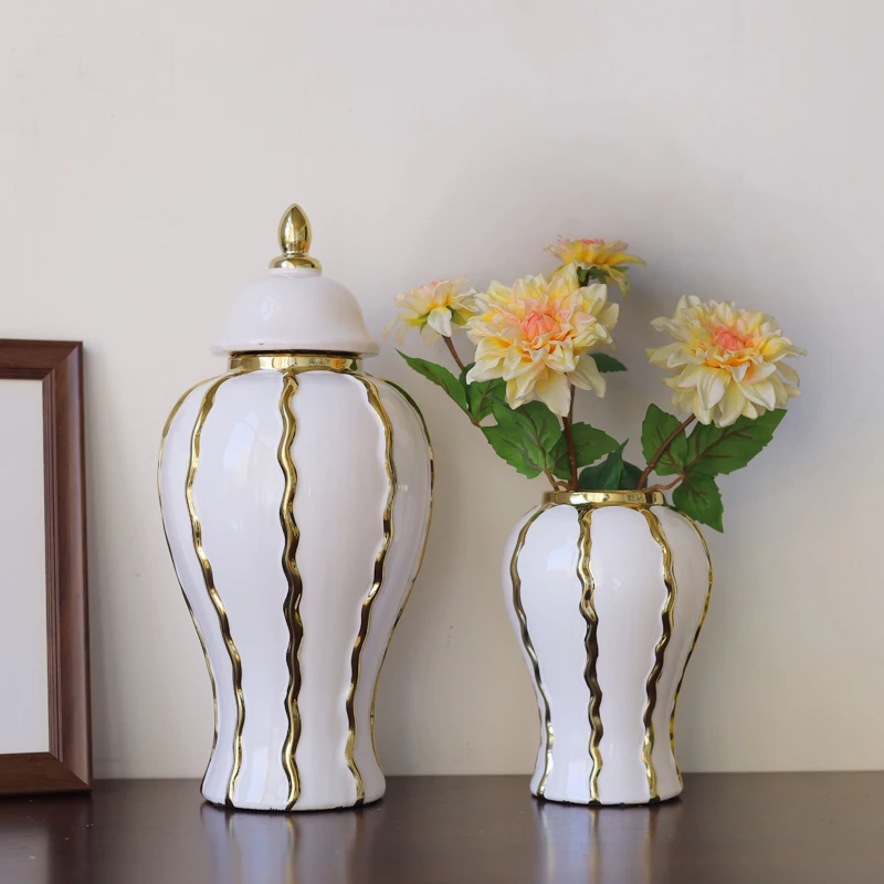 Luxury European 30cm Height White Gold Ginger Jars Tabletop Vase For