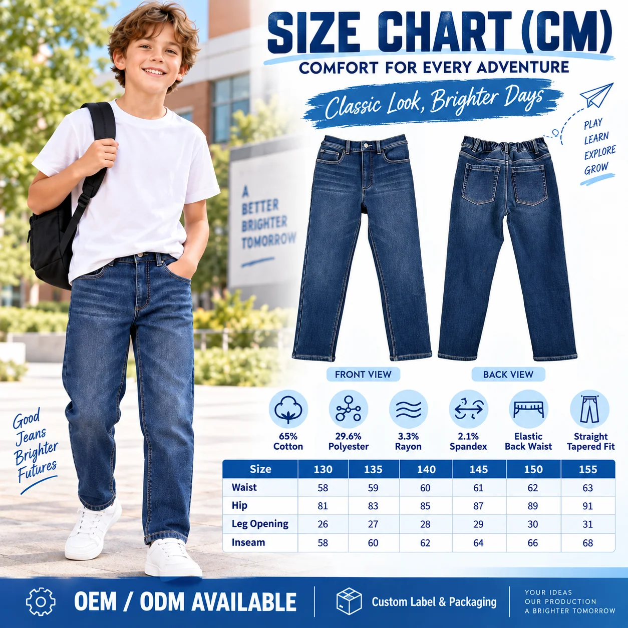 OEM ODM boys Denim Jeans Boys Light Blue Straight Fit Casual Breathable Eco-Friendly Garment Dyed Cotton Washed Pants Custom