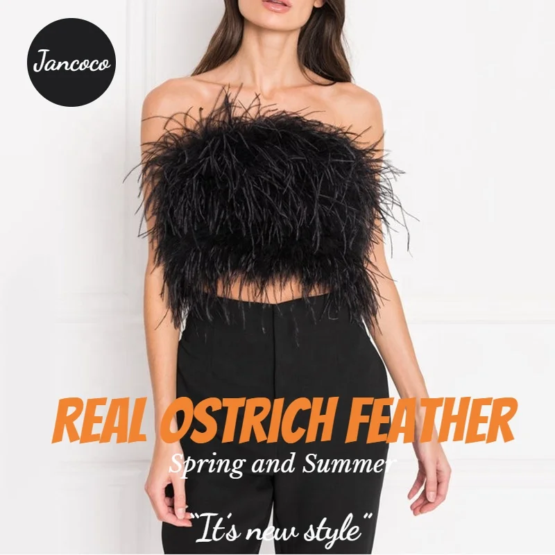 Jancoco Fluffy Crop Top - Black Feather Strapless Top