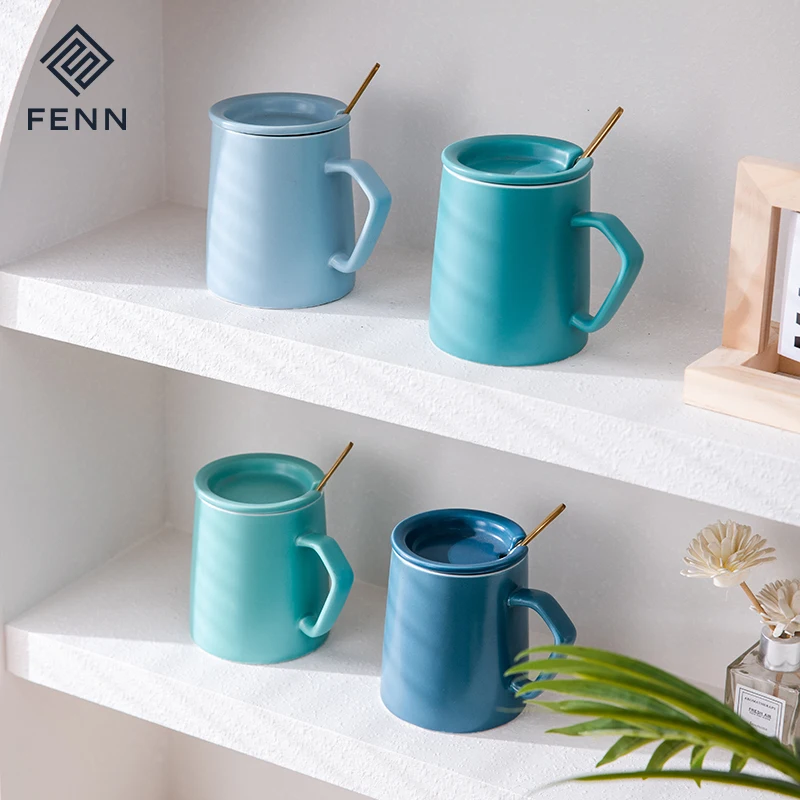 FENN Home Office Used Blue Color Unique Handle Porcelain Mug 350ML Matte Glaze Ceramic Coffee Water Mugs Cups With Lid