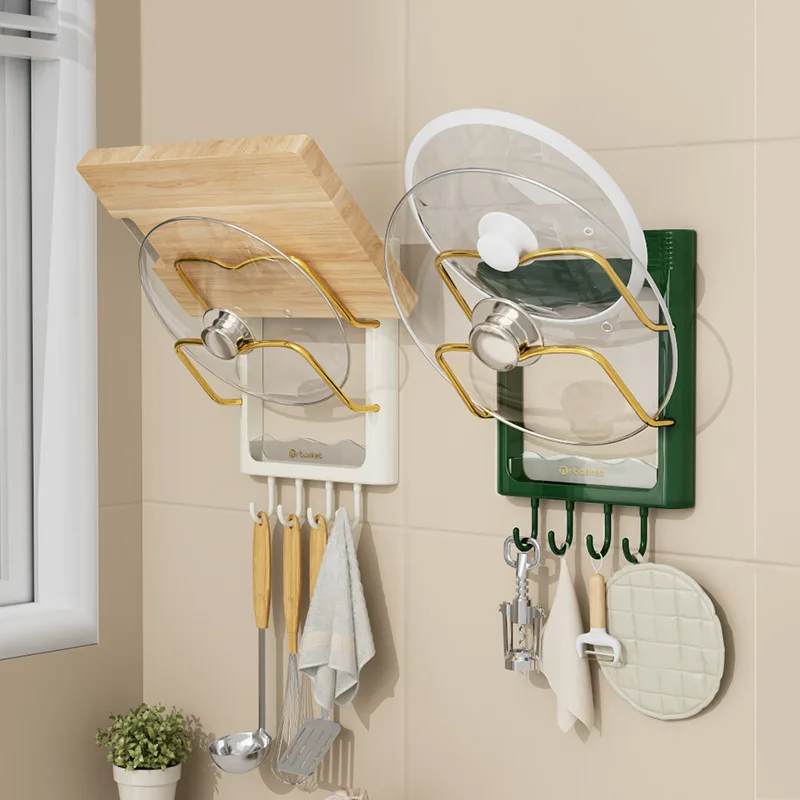 Light luxury kitchen pot cover rack perforation-free wall mounted multi-layer storage and cutting board shelf with hooks