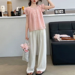 Summer Girls Kids Solid Cotton Linen Breathable Clothing Sets Flounce Sleeves Short Sleeves+Loose Pants Comfy Casual Outfits