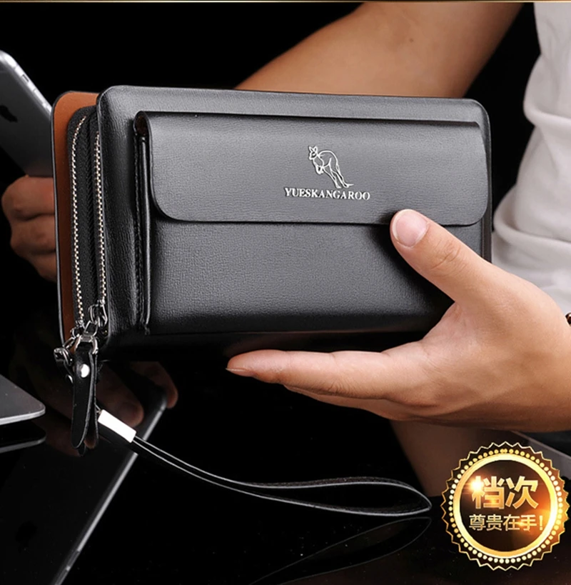 YUESKANGAROO Double Zipper Men Clutch Bag Fashion Cowhide Leather Long Purse Men's Organizer Wallet Male Casual Luxury Hand Bag