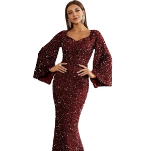 2023 New Arrivals High Quality Puff Long Sleeve Golden Sequin Formal Dresses Maxi Club Bodycon Dress Evening Elegant Dress