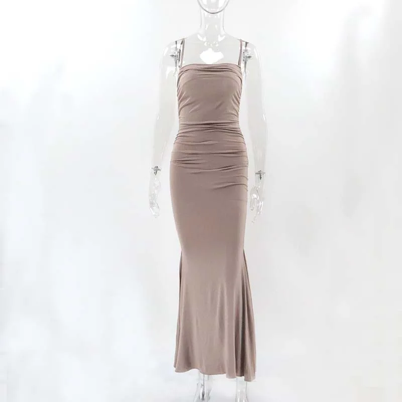Party Sleeve Solid Color Party Culb SLIM Dress High Waist Suspender Ruffled Fold Maxi Dresses