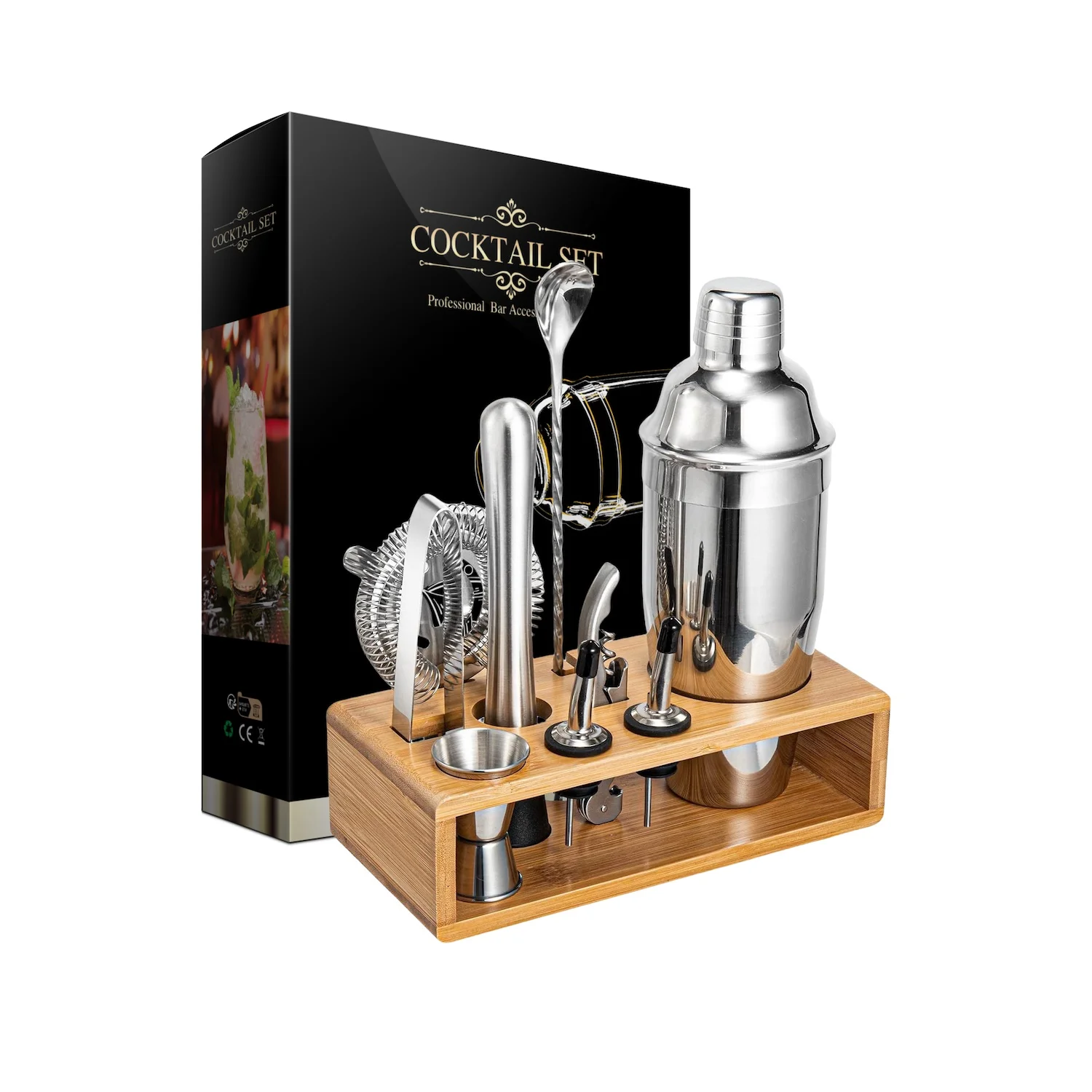 10pcs Stainless Steel Cocktail Shaker Set Bartender Kit with 350ml Capacity Reusable Drink Mixing Tools with Custom Logo