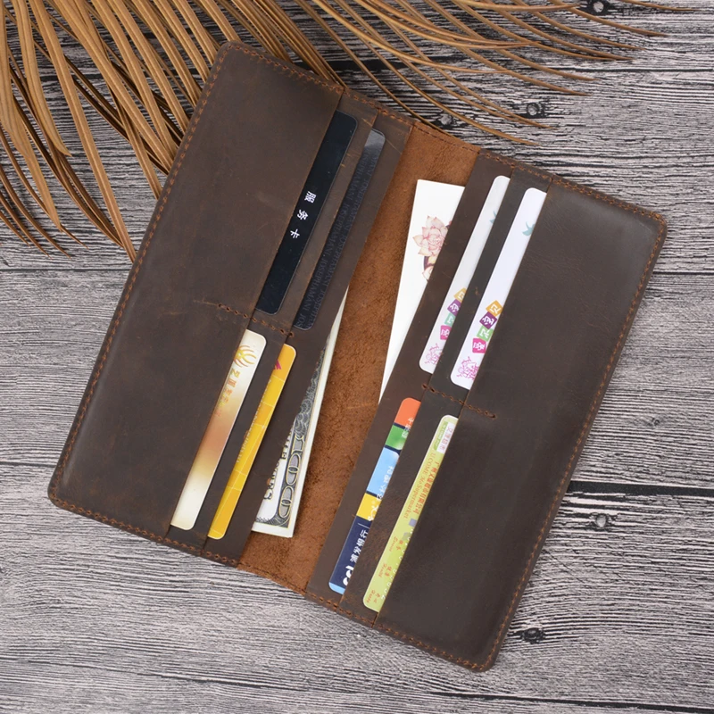 Wholesale Custom Bifold Long Wallet Crazy Horse Leather Checkbook Holder  Thin Credit Card Holder Handmade Vintage Purse for Men