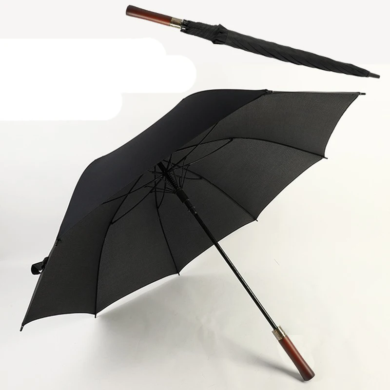 Деловой Подарок черный резиновый зонтик для гольфа эпонж прямая деревянная ручка с логотипом на