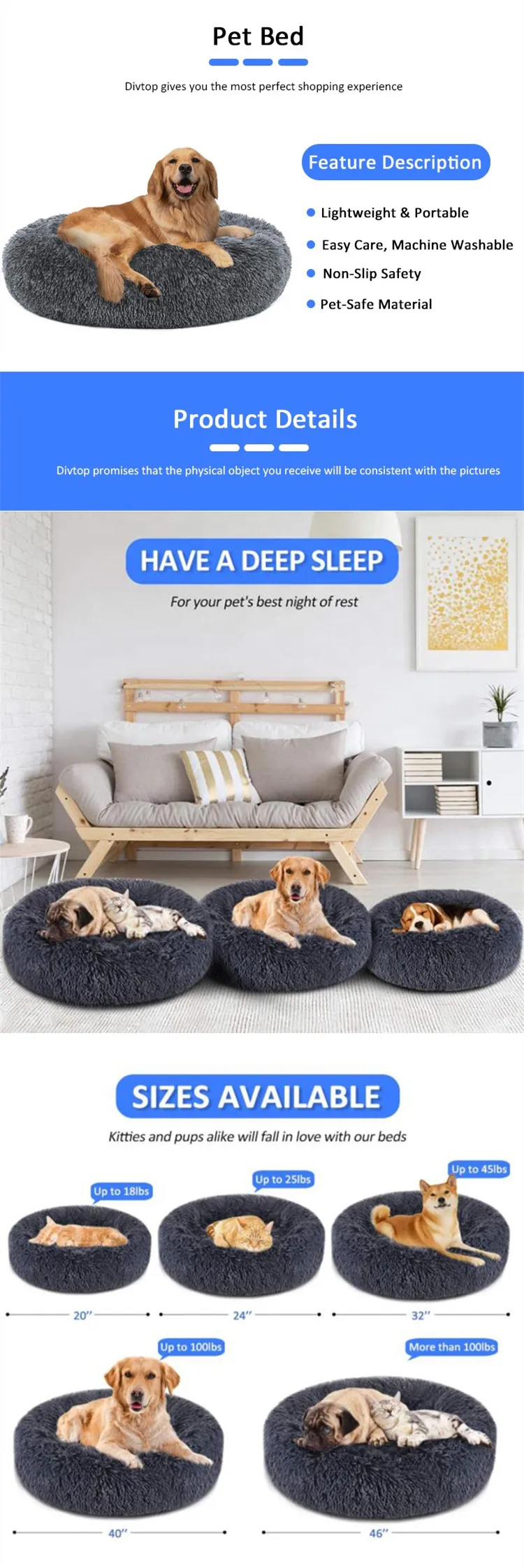Manufacture Wholesale 2023 Hot Sale Outdoor Calming Removable Washable Fluffy Round Donut Dog