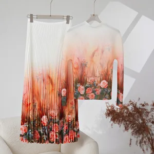 Miyake Women's Casual Fashion Set Pleated Printed Top and Long Skirt Elastic Stretch Fabric Two-Piece Set Elegant Style