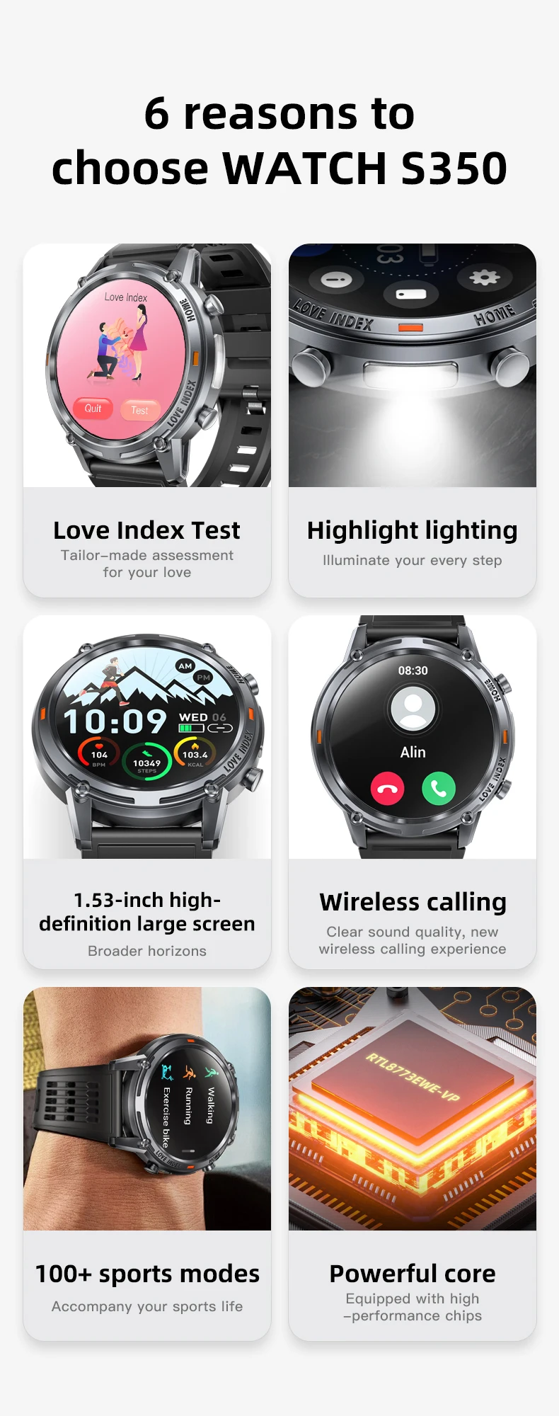 If you are searching for a supplier of a product with perfect quality control and highly competitive prices, which gives you an advantage in expanding your local market, then contact us now! Competitive suppliers of S350 Love Tests Smart Watch 2026 1.53inch TFT HD Screen IP68 Heart Rate Monitoring BT Call Sport Smart Watch for Men