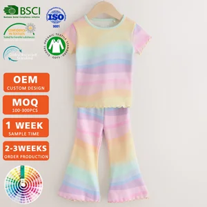 OEM Wholesale Custom Color Logo 2-Piece Summer Set for Girls Toddler Casual Knit Solid Pattern Clothing