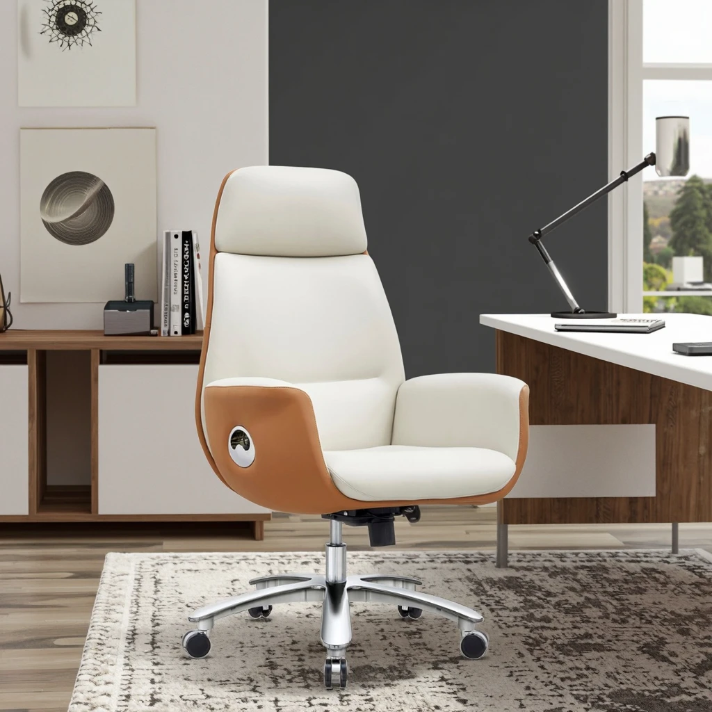 Modern Genuine PU Leather Executive Chair High Elastic Foam Chrome Lift Adjustable Steel Base Office Furniture 6