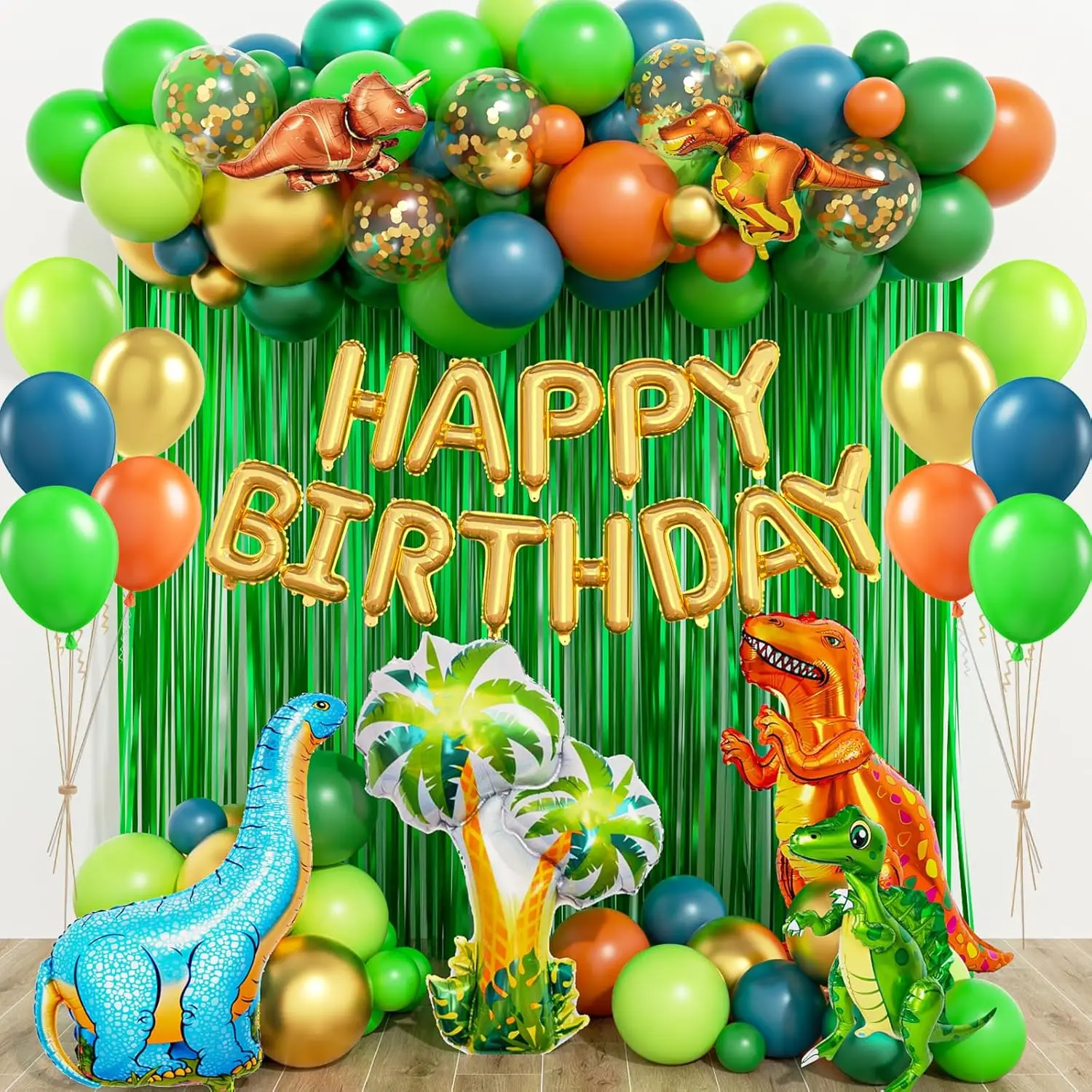 Dinosaur Green Blue Orange Balloons Garland Arch Kit Happy Birthday Foil Curtain for Kids Jungle Safari Dino Themed Party