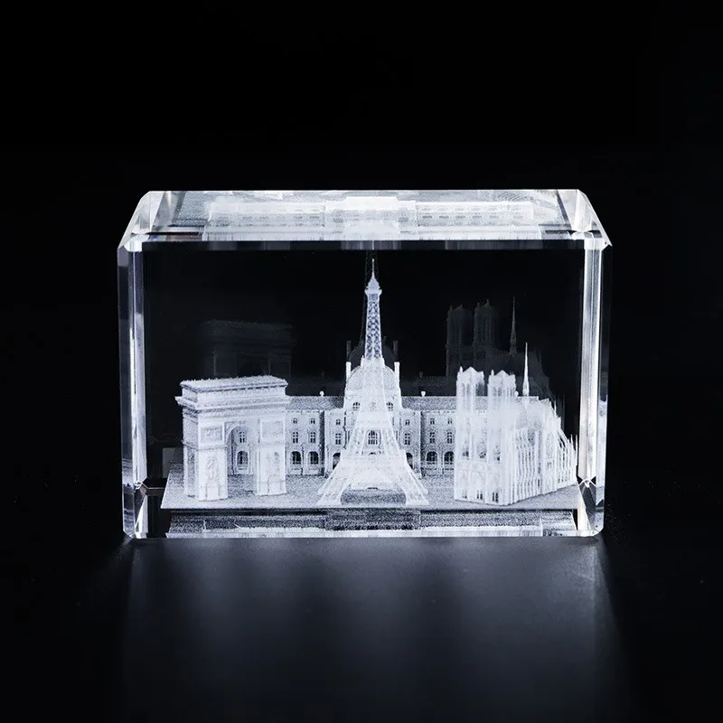 Factory Wholesale 3D Laser Eiffel Tower Arch of Triumph Louvre Notre Dame Cube Souvenir Blank Crystal Crafts For Laser Engraving manufacture