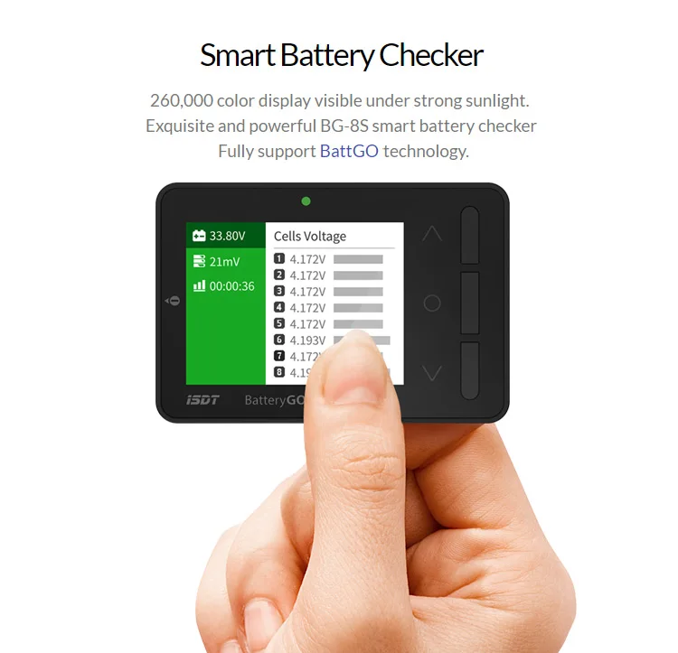 ISDT BG-8S Smart Battery Checker Balancer Receiver Signal Tester Quick Charge Function details