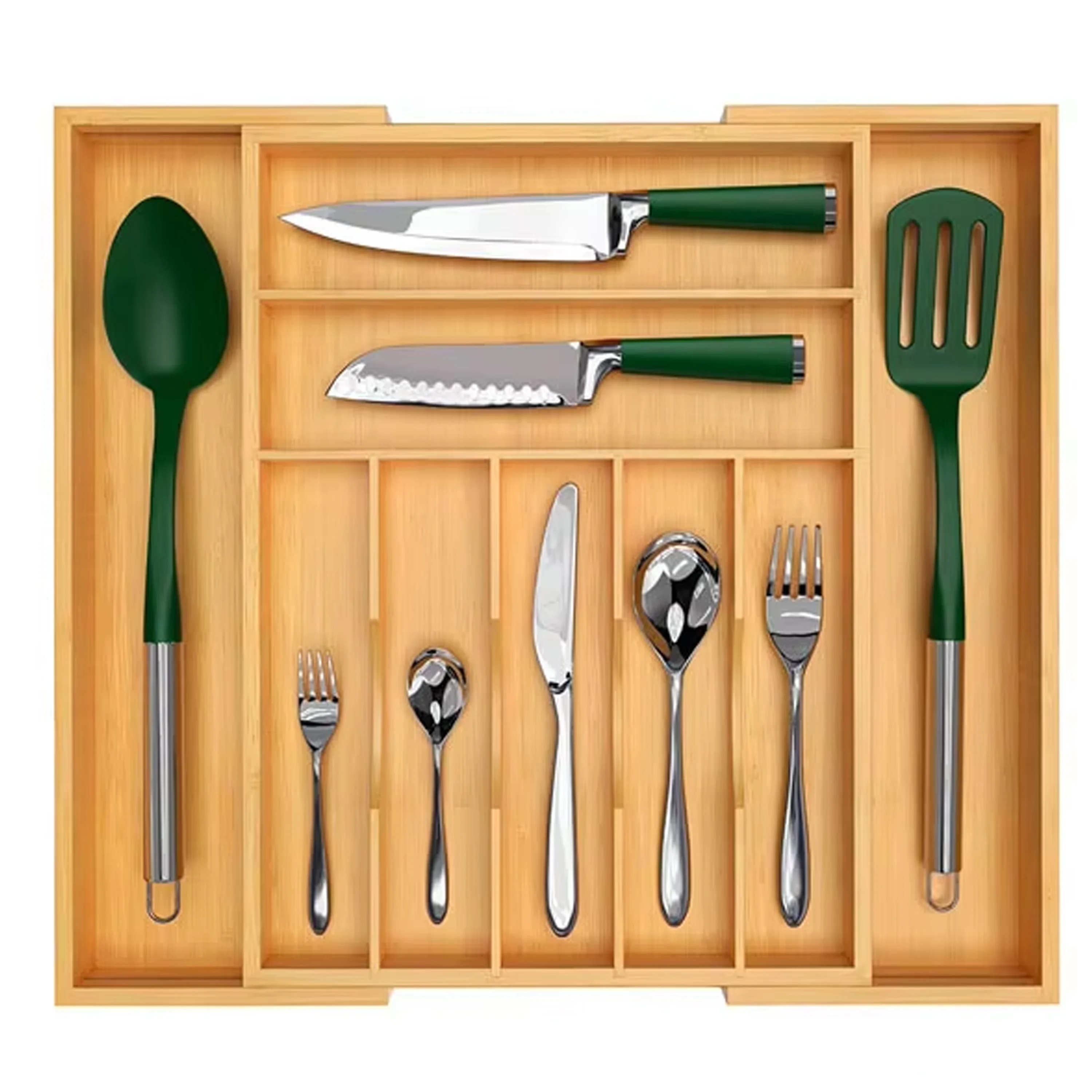 Luxury Bamboo Kitchen Drawer Organizer with Grooved Drawer Dividers for Flatware and Kitchen