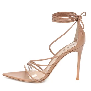 Wholesale Fashion PU Leather Ankle Wrap High Heels Pointed Toe Clear PVC Sandals Strappy Heel Women Shoes