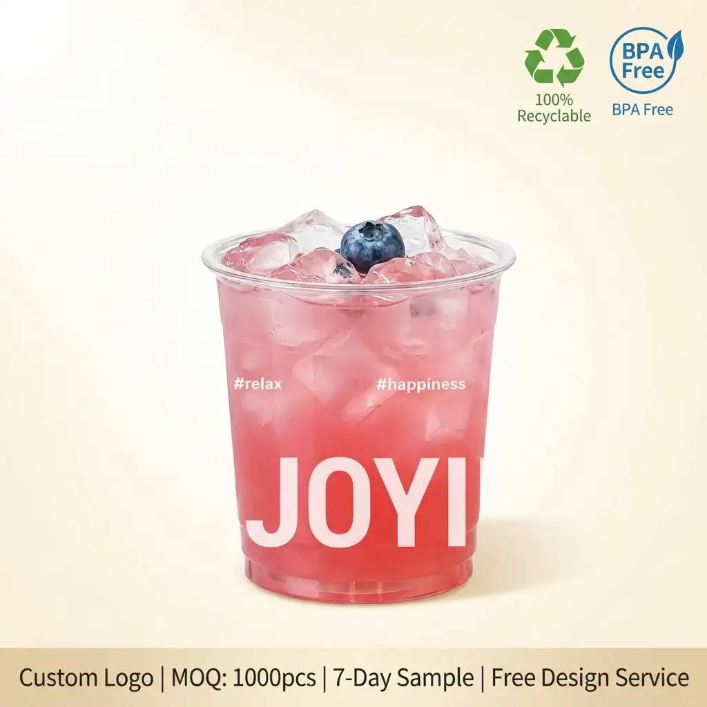 Custom Logo 18oz Clear PET Plastic Cups with Lids, Disposable Cold Drink Coffee Tea Juice Smoothie P