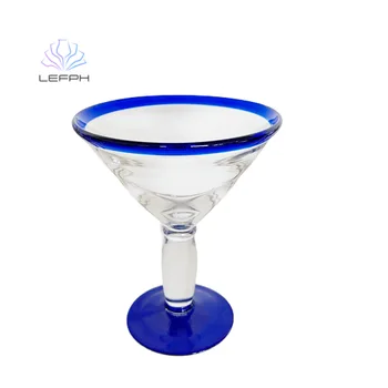 Mexican style Hand Blown Glass handmade glassware blue rim Stemmed Martini Glasses cocktail glass cup