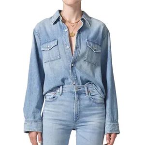 Classic Denim Lady Clothes Spread Collar Long Sleeves Chest Pocket Autumn Shirt Casual Clothes Light Denim Blouse Women