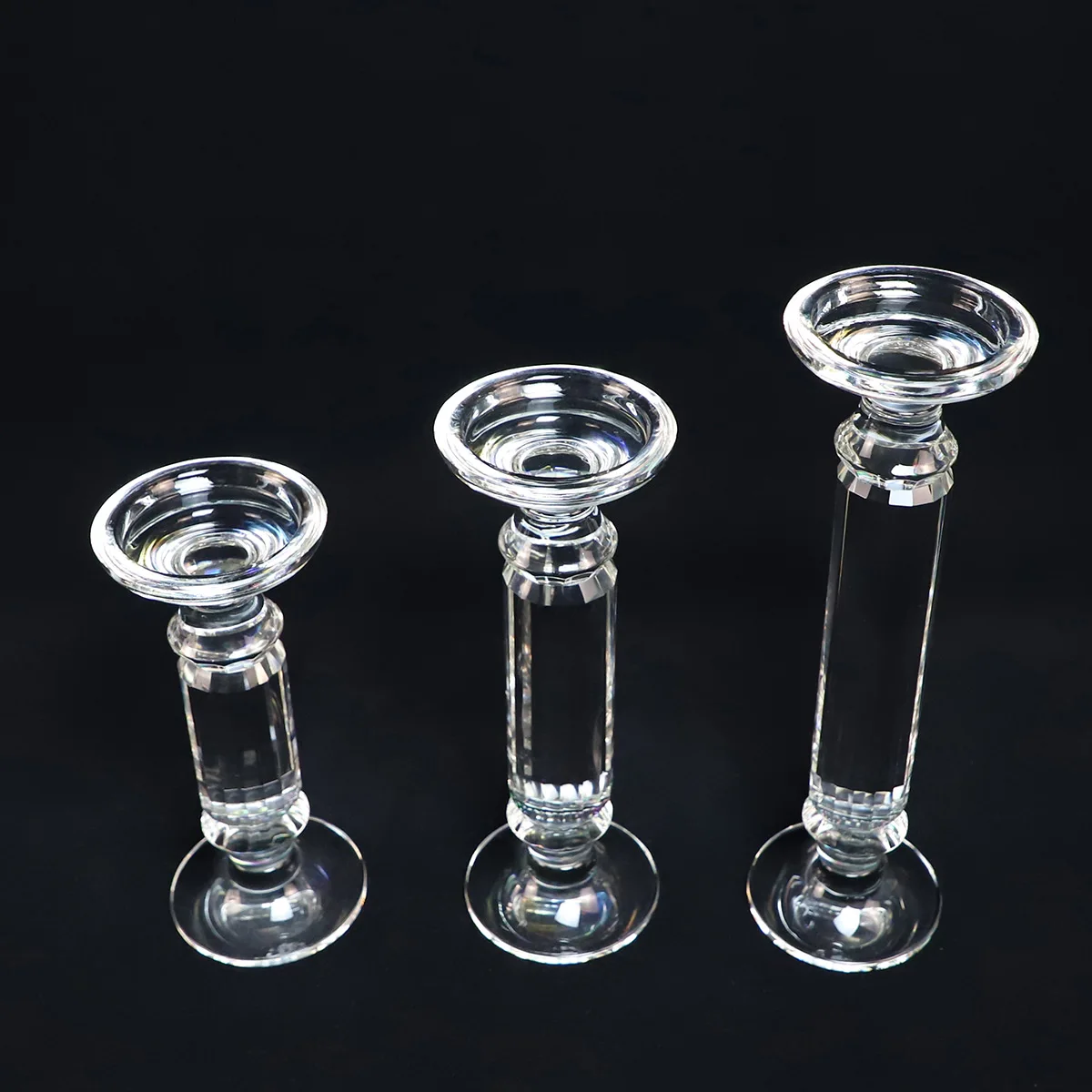 Factory Sell Clear Long Stem Glass Crystal Glass Tea Light Candle Holder 3 Size Set Decorative