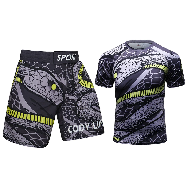 Summer Pockets Jitsu Squad 2セット Two Piece Pants Set Men Bjj Rashguard Mma Shorts Rash Guard