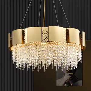 Zeal Lighting Modern Gold Rectangle Round Lobby Led K9 Crystal Beads Chandelier in Ceilings