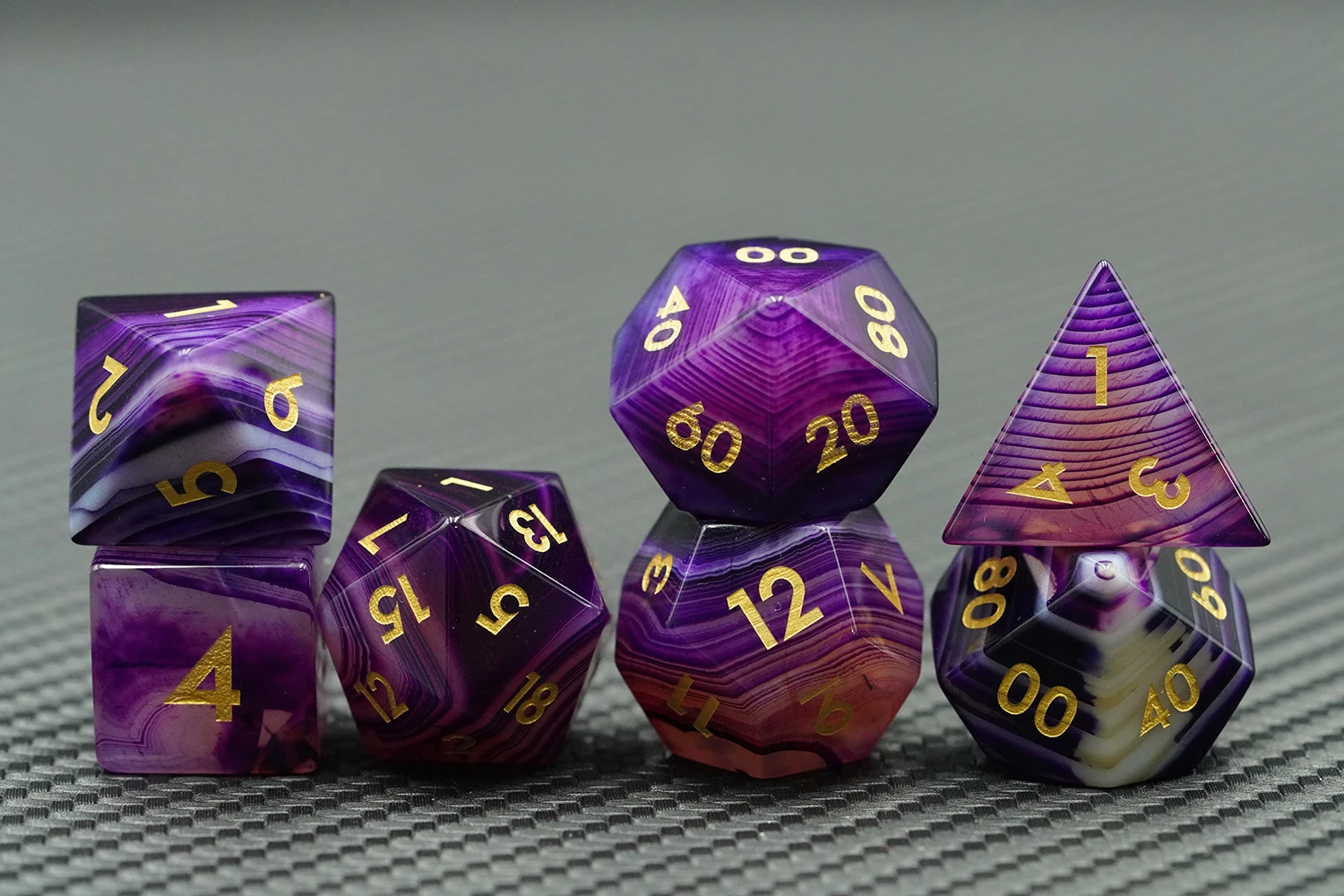 Polyhedral Custom Logo Rpg Dungeons and Dragons Stone Sharp Edge Sides Pattern Natural Purple Agate Gemstone Stripe Dice Set factory