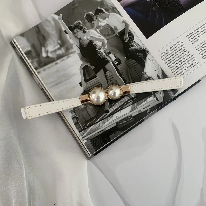 2022 New Designer Ladies White Belt Fashion Sweater Black Pu Leather Pearls Belt For Women Dress