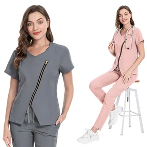 Women Elastic Wrinkle Resistant Breathable Medical Scrub Suit Set Short Sleeves V-neck Drawstring Straight Nursing Scrubs
