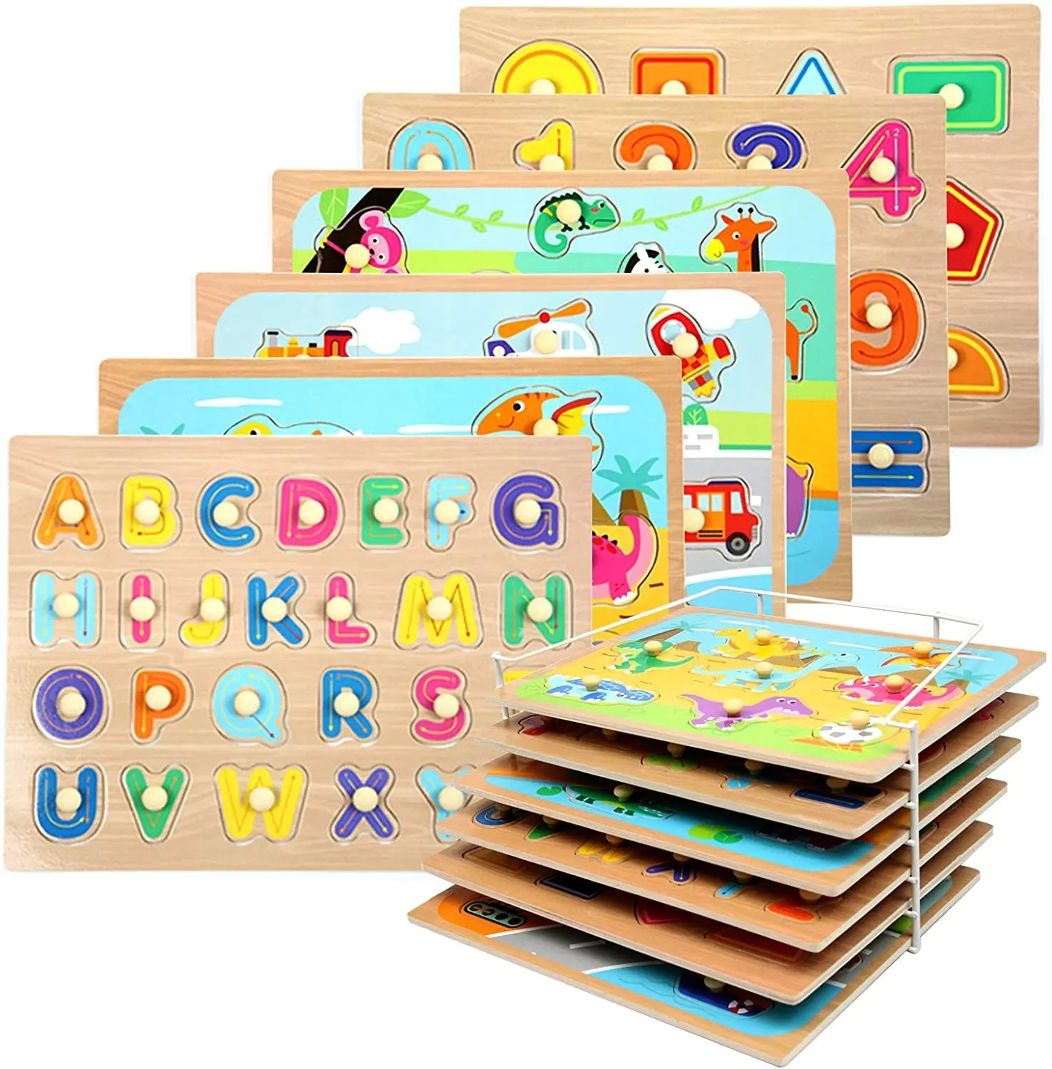 Wooden Toddler Puzzles and Rack Set Wooden Peg Puzzles Bundle with Storage  Holder Rack Educational Knob Puzzle for Kids