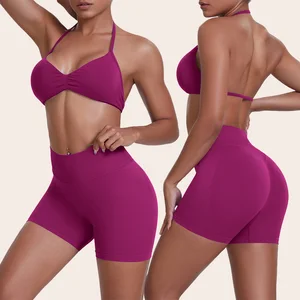 Sportwear Workout Sets for Women 2 Piece Halter Sports Bras Booty Shorts Exercise Yoga Wear Gym Fitness Sets