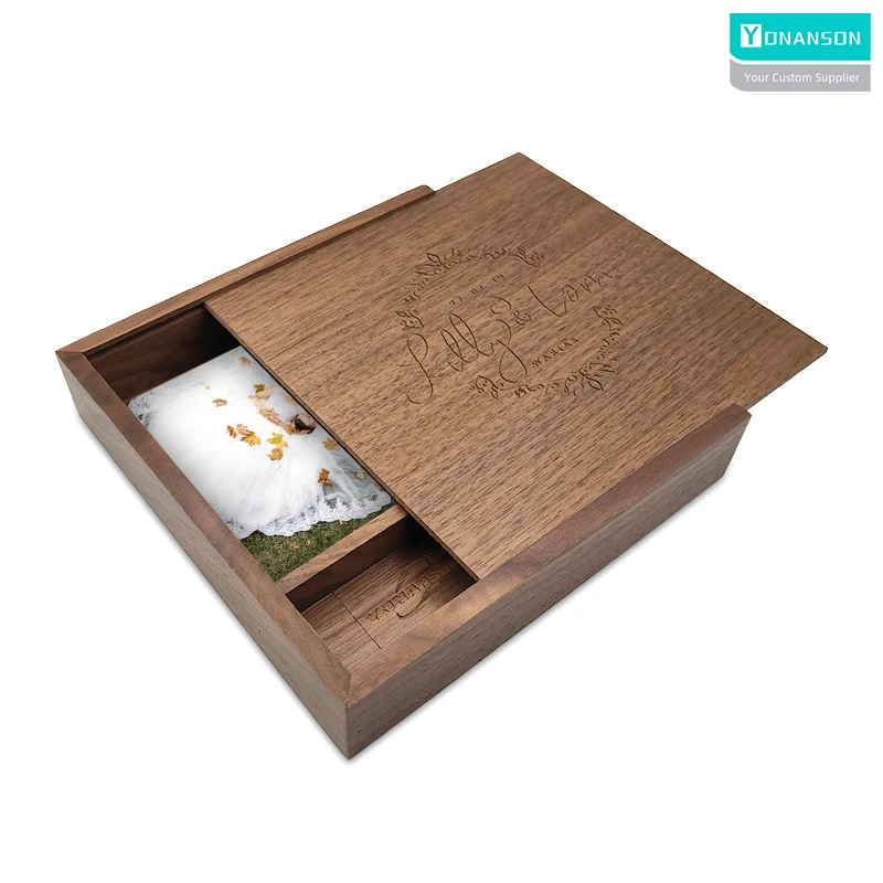 Walnut Wooden Photo Album Box + Usb Flash Drive Wedding Gifts Custom