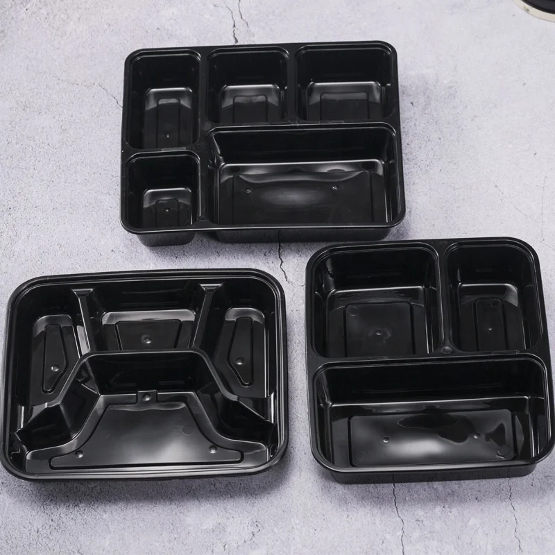 black rectangular 5 compartment microwavable lunch