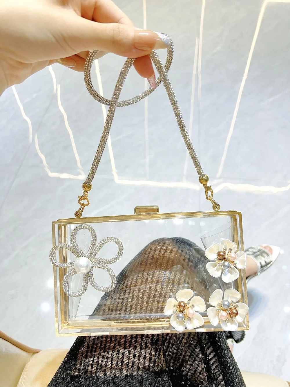Vintage Rhinestone Acrylic Evening Clutch - Clear Purse