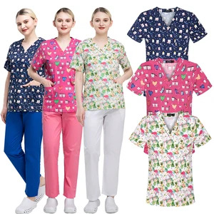 Wholesale Women's Hospital Scrub Set Woven Fabric Custom Logo Nursing Uniforms Medical Scrubs