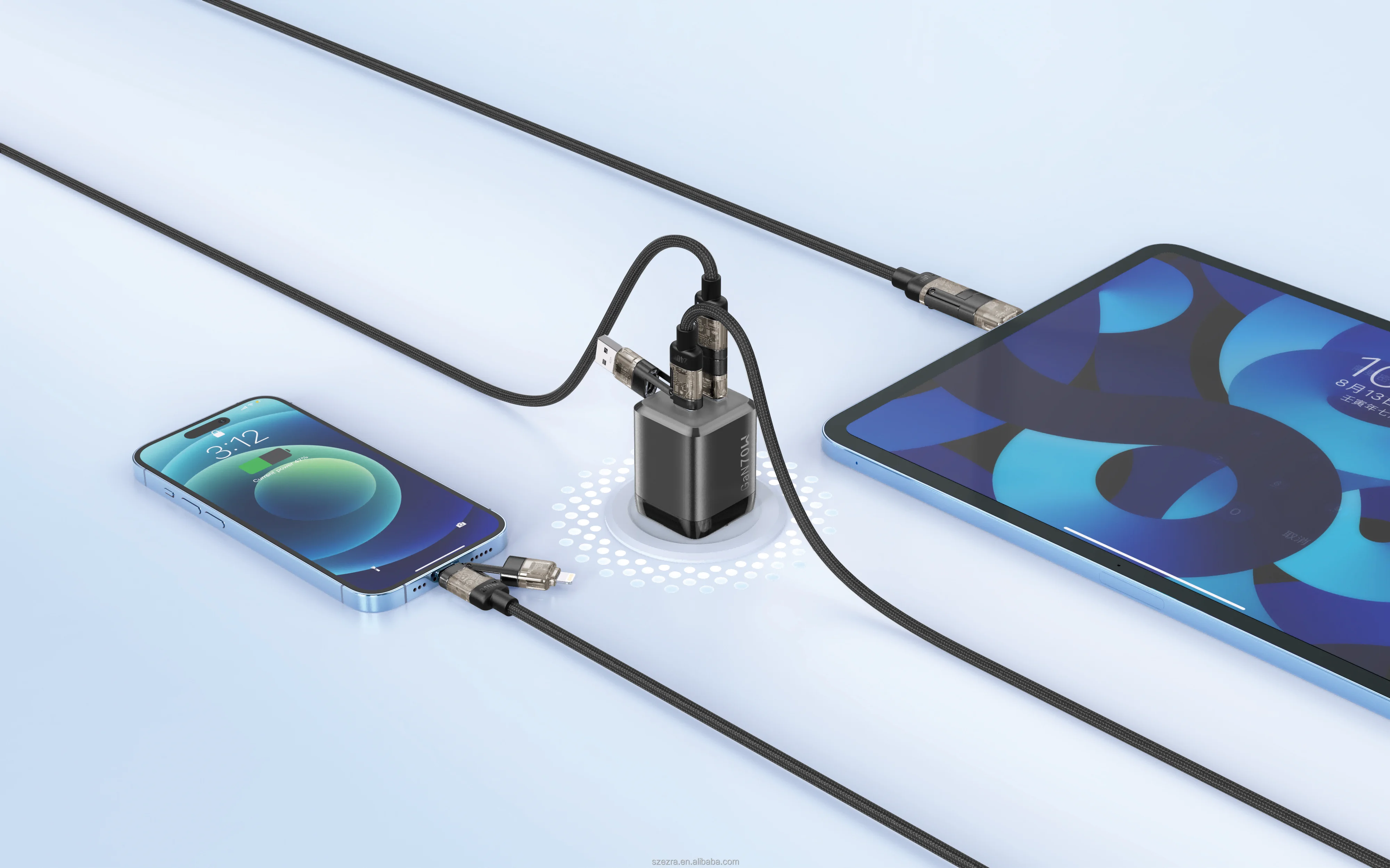 70W GaN Charger + 4-in-1 Cable Combo European Plug Zinc Alloy USB Type-C PD Fast Charging Set Mobile Phone Laptop Smart Watch